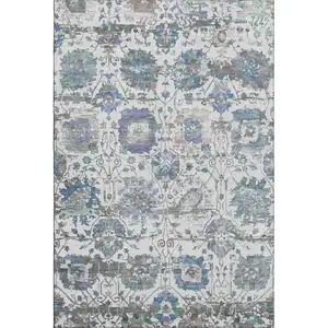 Photo of Ivory Blue And Gray Oriental Washable Area Rug With UV Protection