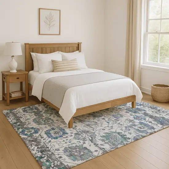 Ivory Blue And Gray Oriental Washable Area Rug With UV Protection Photo 5