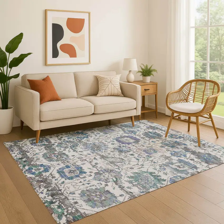 Ivory Blue And Gray Oriental Washable Area Rug With UV Protection Photo 4