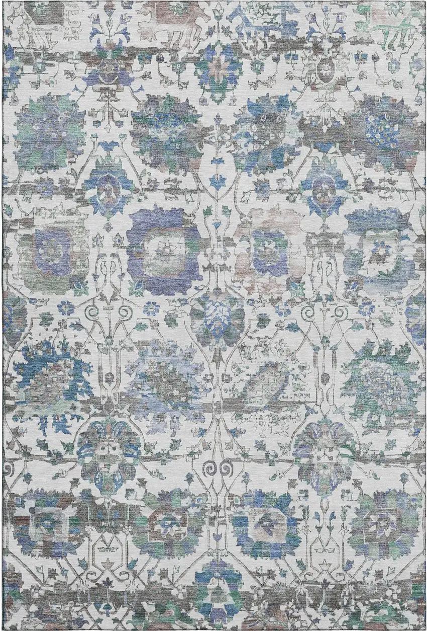Ivory Blue And Gray Oriental Washable Area Rug With UV Protection Photo 1