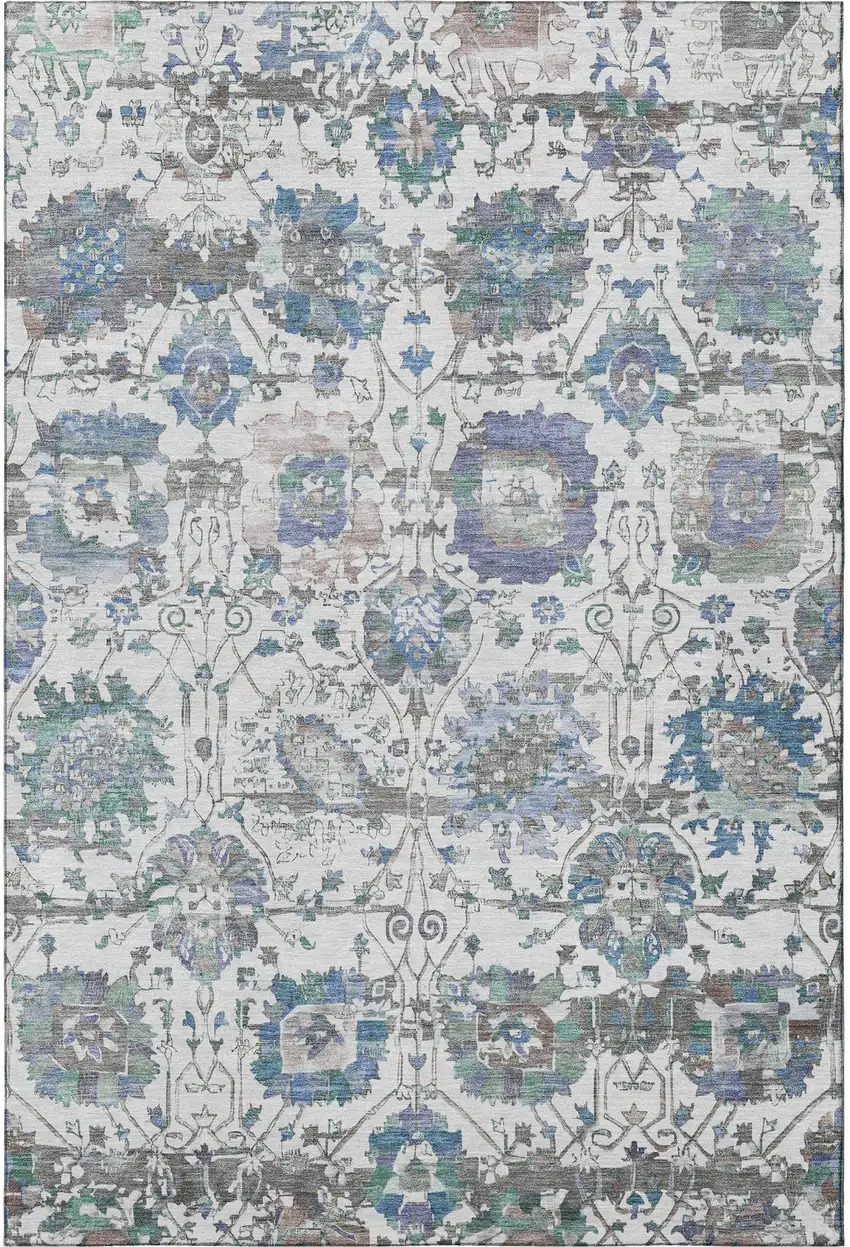 Ivory Blue And Gray Oriental Washable Area Rug With UV Protection Photo 3