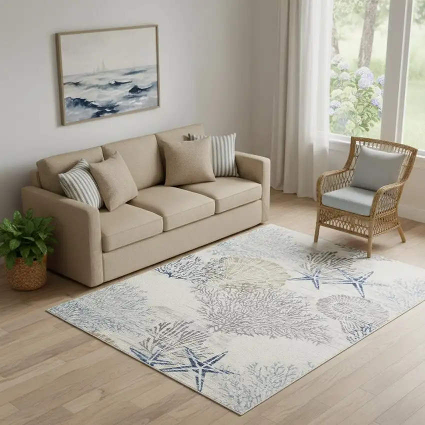 Ivory Blue And Gray Seashell and Coral Non Skid Area Rug Photo 1