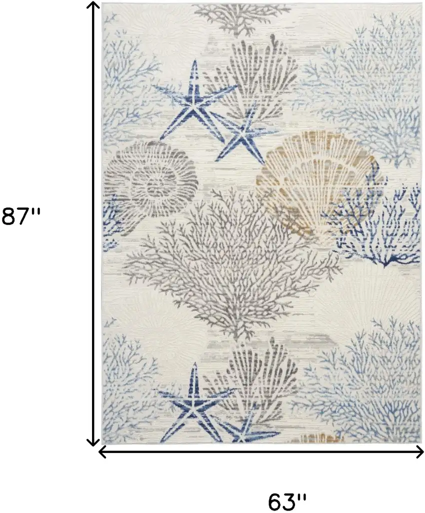 Ivory Blue And Gray Seashell and Coral Non Skid Area Rug Photo 3