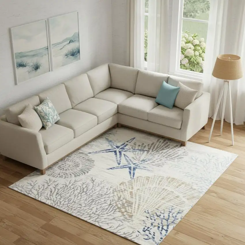 Ivory Blue And Gray Seashell and Coral Non Skid Area Rug Photo 1