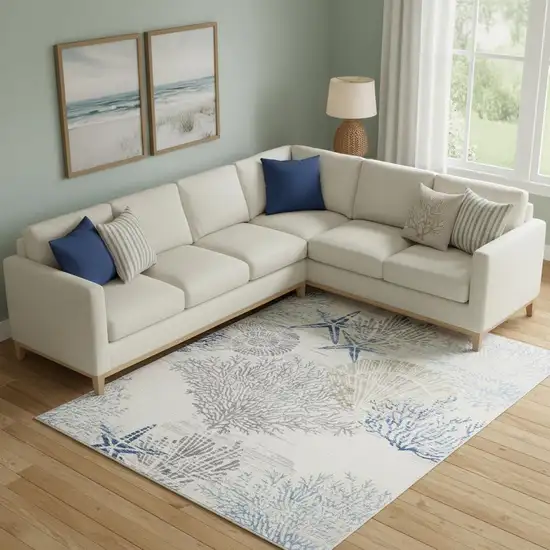 Ivory Blue And Gray Seashell and Coral Non Skid Area Rug Photo 1