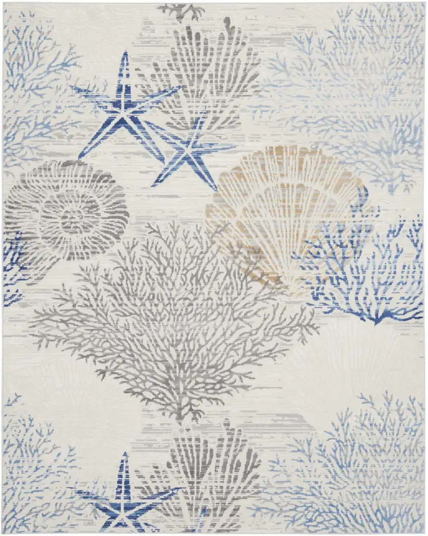 Ivory Blue And Gray Seashell and Coral Non Skid Area Rug Photo 3