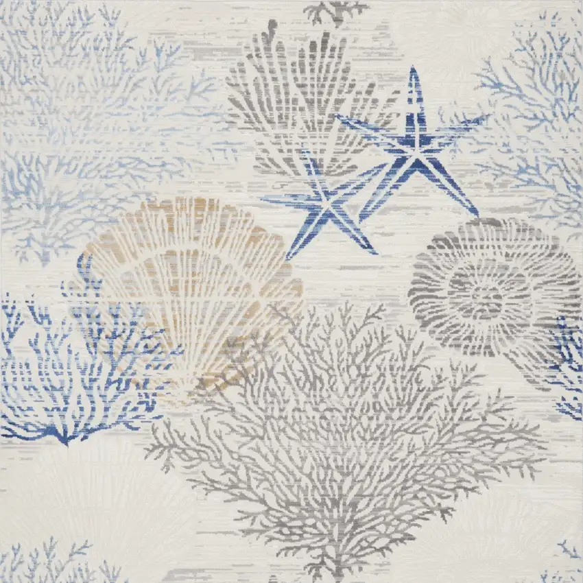 Ivory Blue And Gray Seashell and Coral Non Skid Area Rug Photo 8