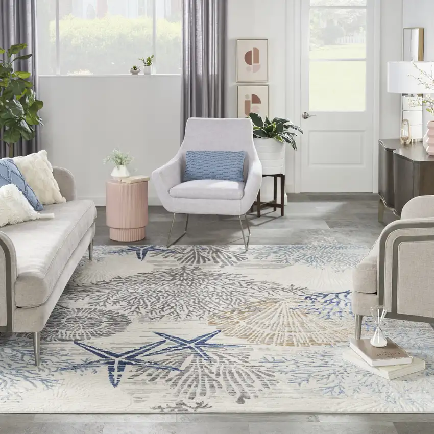 Ivory Blue And Gray Seashell and Coral Non Skid Area Rug Photo 6