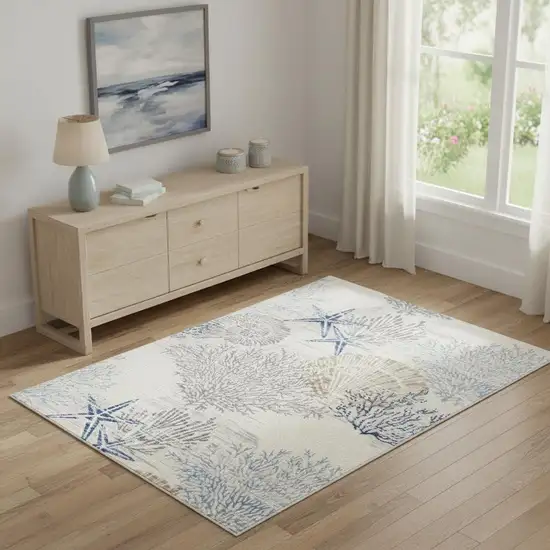 Ivory Blue And Gray Seashell and Coral Non Skid Area Rug Photo 1