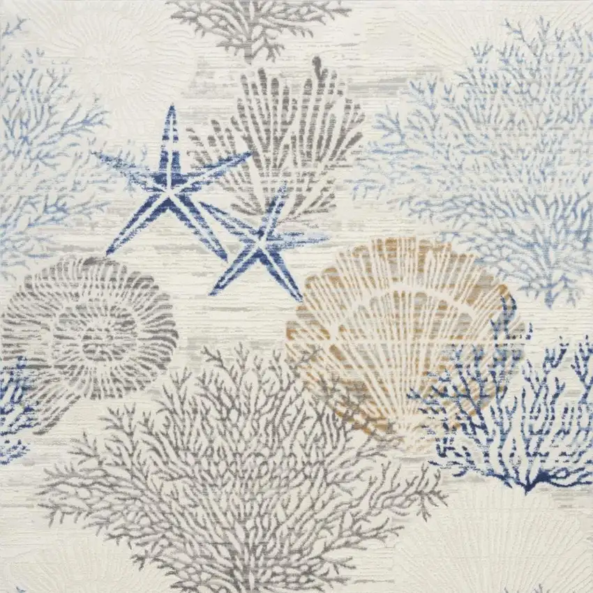 Ivory Blue And Gray Seashell and Coral Non Skid Area Rug Photo 4