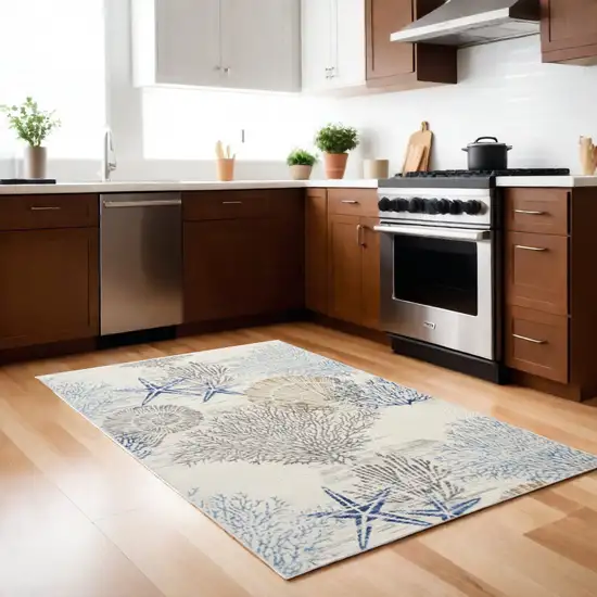 Ivory Blue And Gray Seashell and Coral Non Skid Area Rug Photo 1