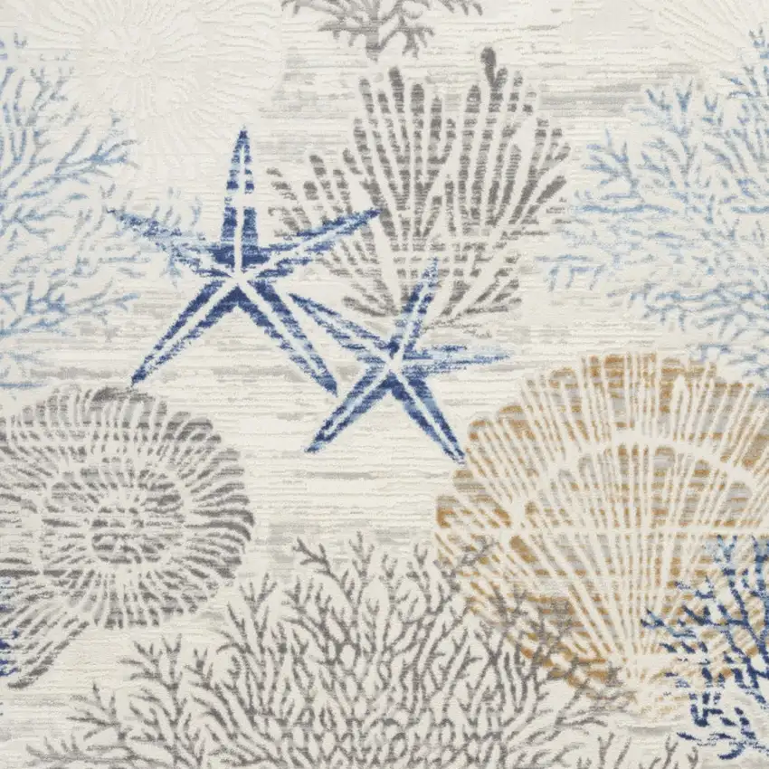 Ivory Blue And Gray Seashell and Coral Non Skid Area Rug Photo 7