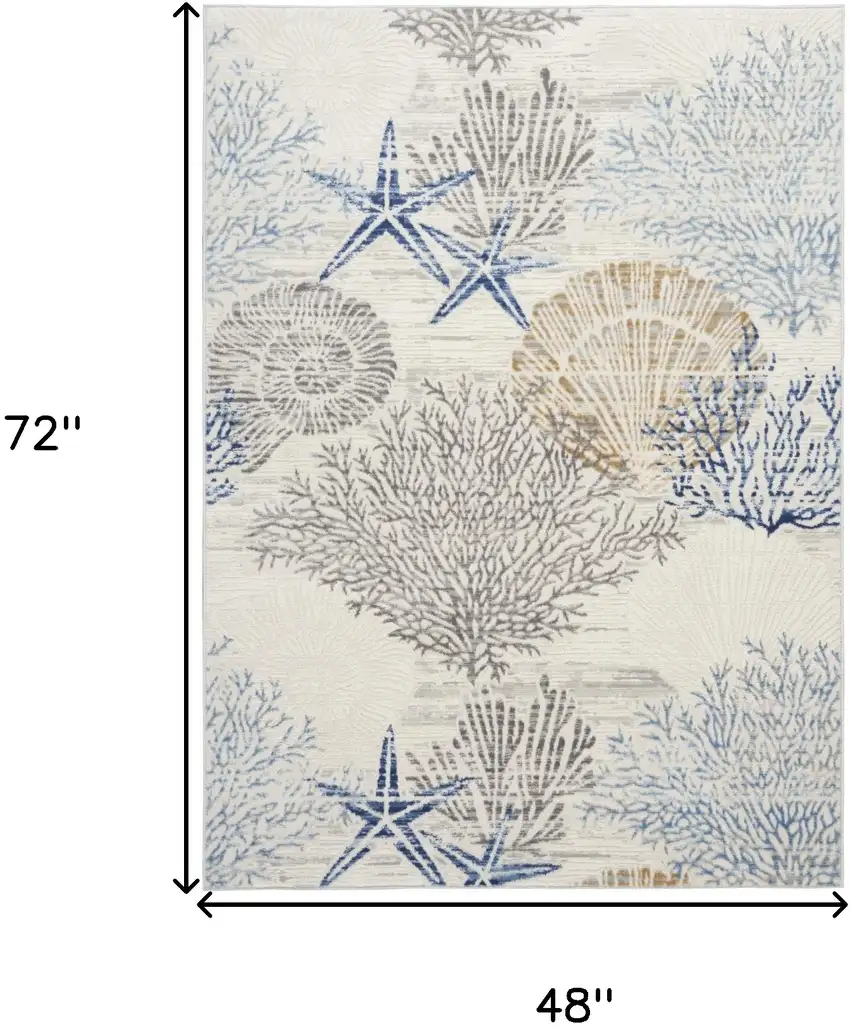 Ivory Blue And Gray Seashell and Coral Non Skid Area Rug Photo 3