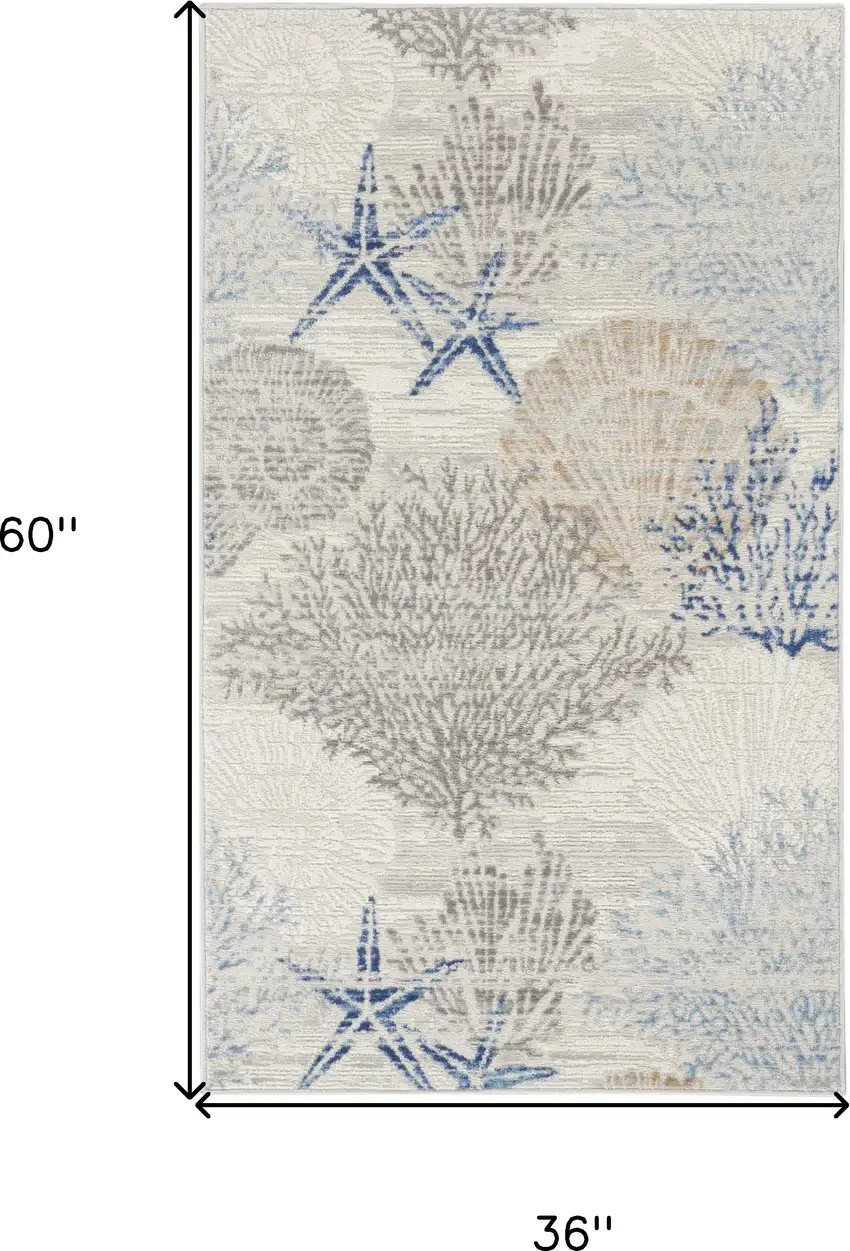 Ivory Blue And Gray Seashell and Coral Non Skid Area Rug Photo 3