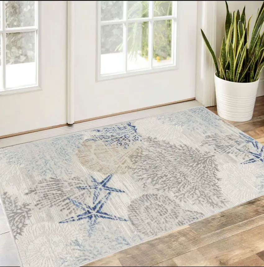 Ivory Blue And Gray Seashell and Coral Non Skid Area Rug Photo 1
