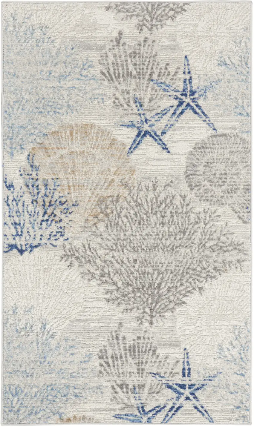 Ivory Blue And Gray Seashell and Coral Non Skid Area Rug Photo 2