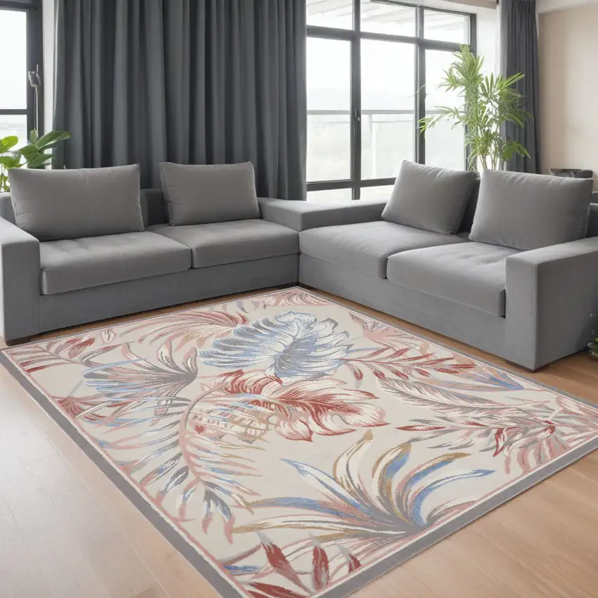 Ivory Blue And Gray Tropical Floral Area Rug Photo 1
