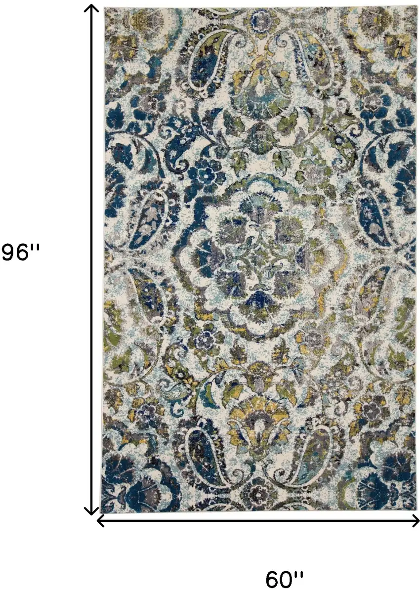 Ivory Blue And Green Floral Stain Resistant Area Rug Photo 10