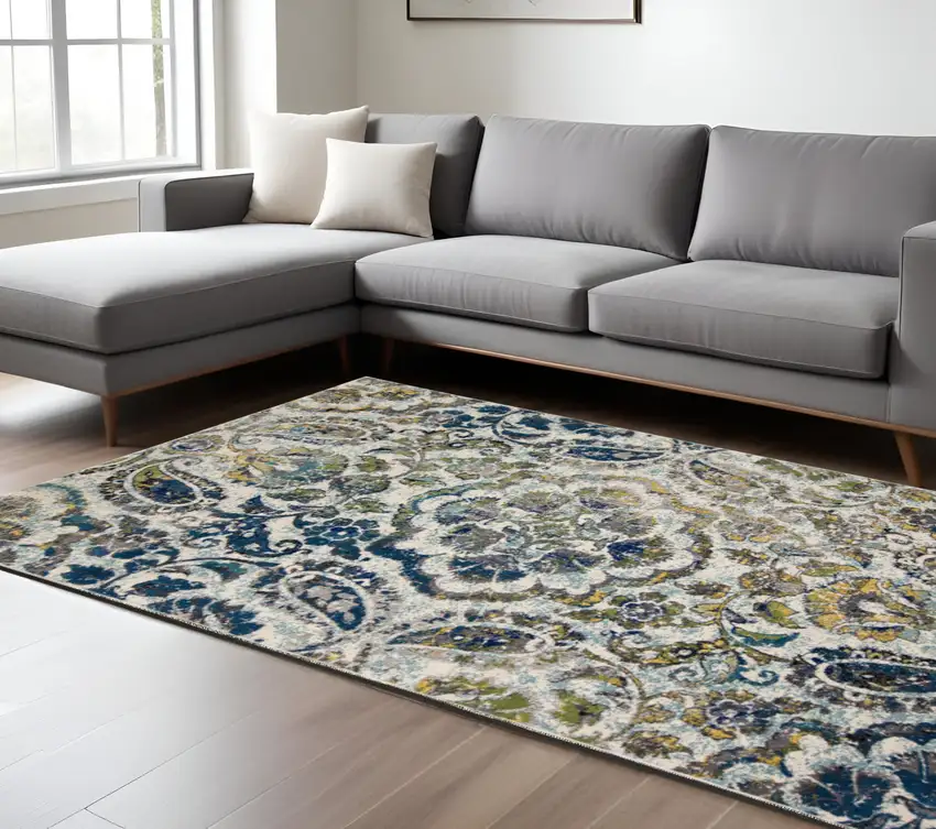 Ivory and Blue Floral Non Skid Area Rug Photo 1