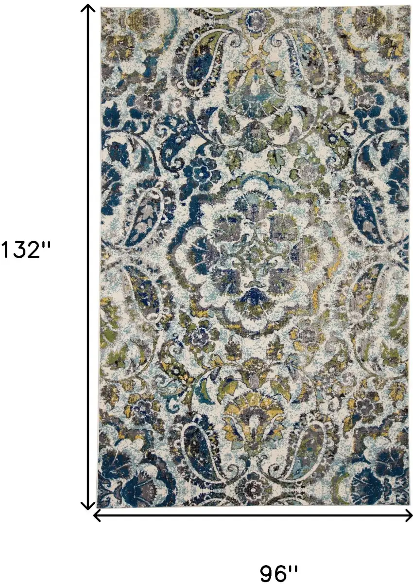 Ivory Blue And Green Floral Stain Resistant Area Rug Photo 10