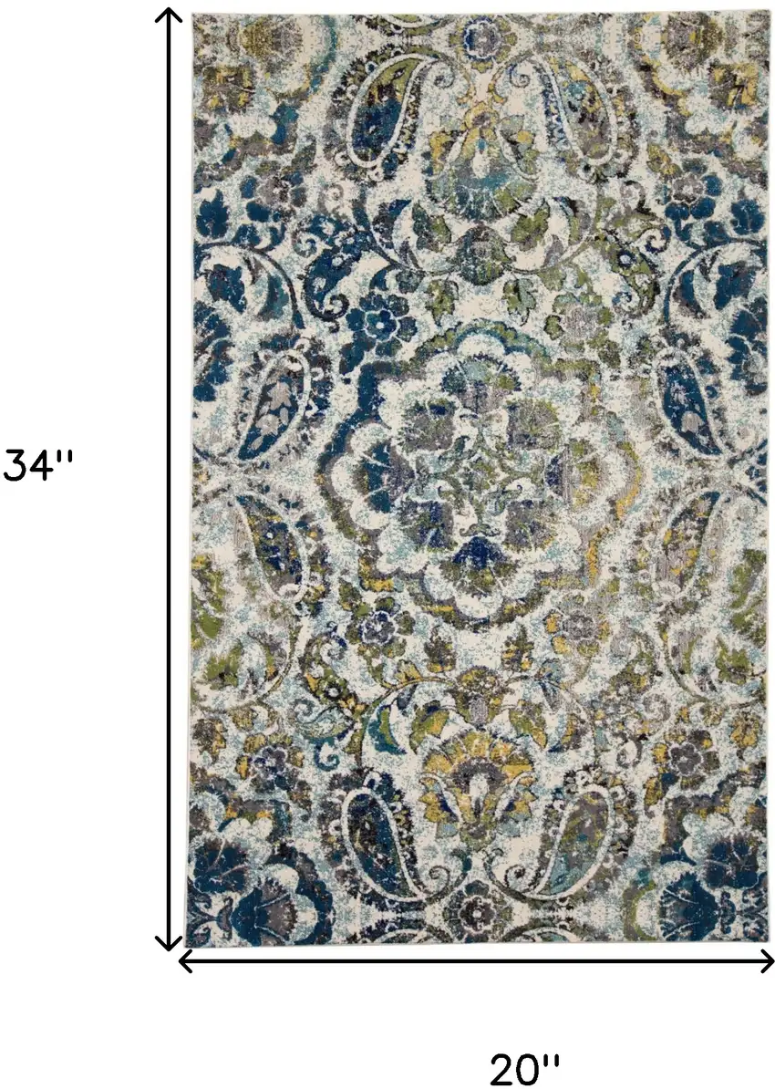 Ivory Blue And Green Floral Stain Resistant Area Rug Photo 8