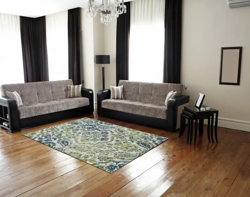 Ivory Blue And Green Floral Stain Resistant Area Rug Photo 7