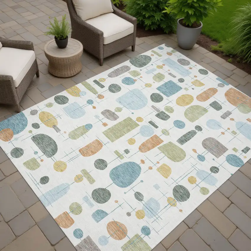Ivory Blue And Green Geometric Washable Indoor Outdoor Area Rug Photo 6