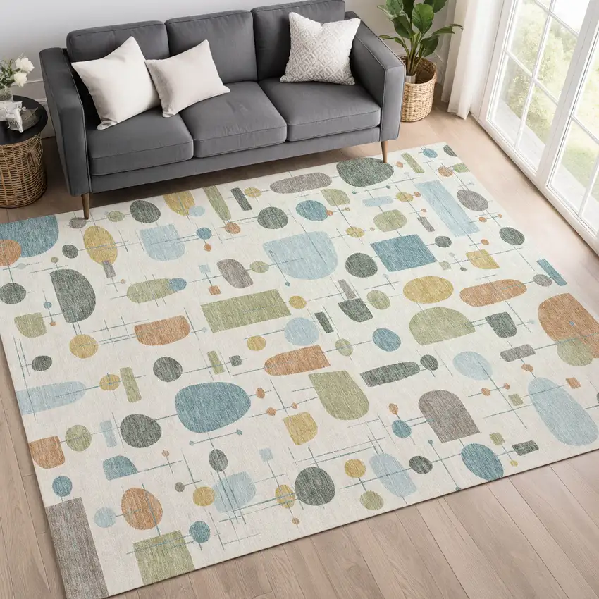 Ivory Blue And Green Geometric Washable Indoor Outdoor Area Rug Photo 4