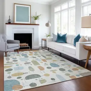 Photo of Ivory Blue And Green Geometric Washable Indoor Outdoor Area Rug