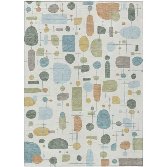 Ivory Blue And Green Geometric Washable Indoor Outdoor Area Rug Photo 1