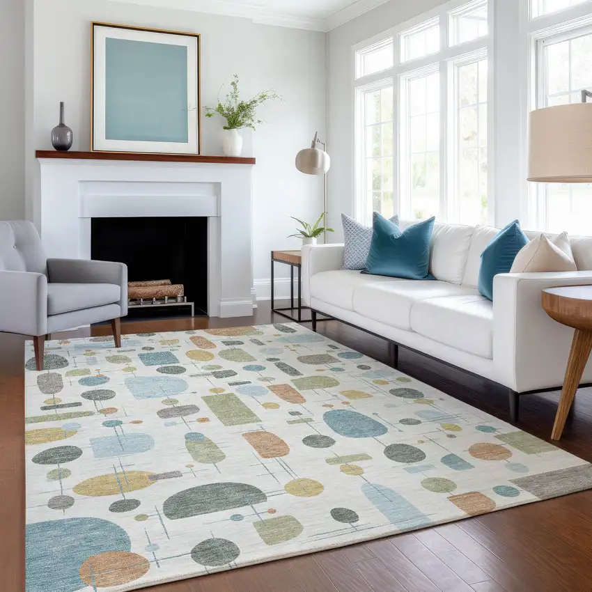 Ivory Blue And Green Geometric Washable Indoor Outdoor Area Rug Photo 6