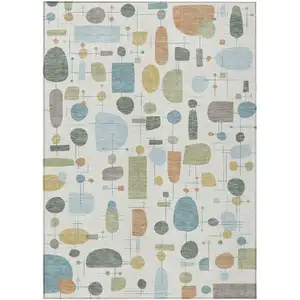Photo of Ivory Blue And Green Geometric Washable Indoor Outdoor Area Rug