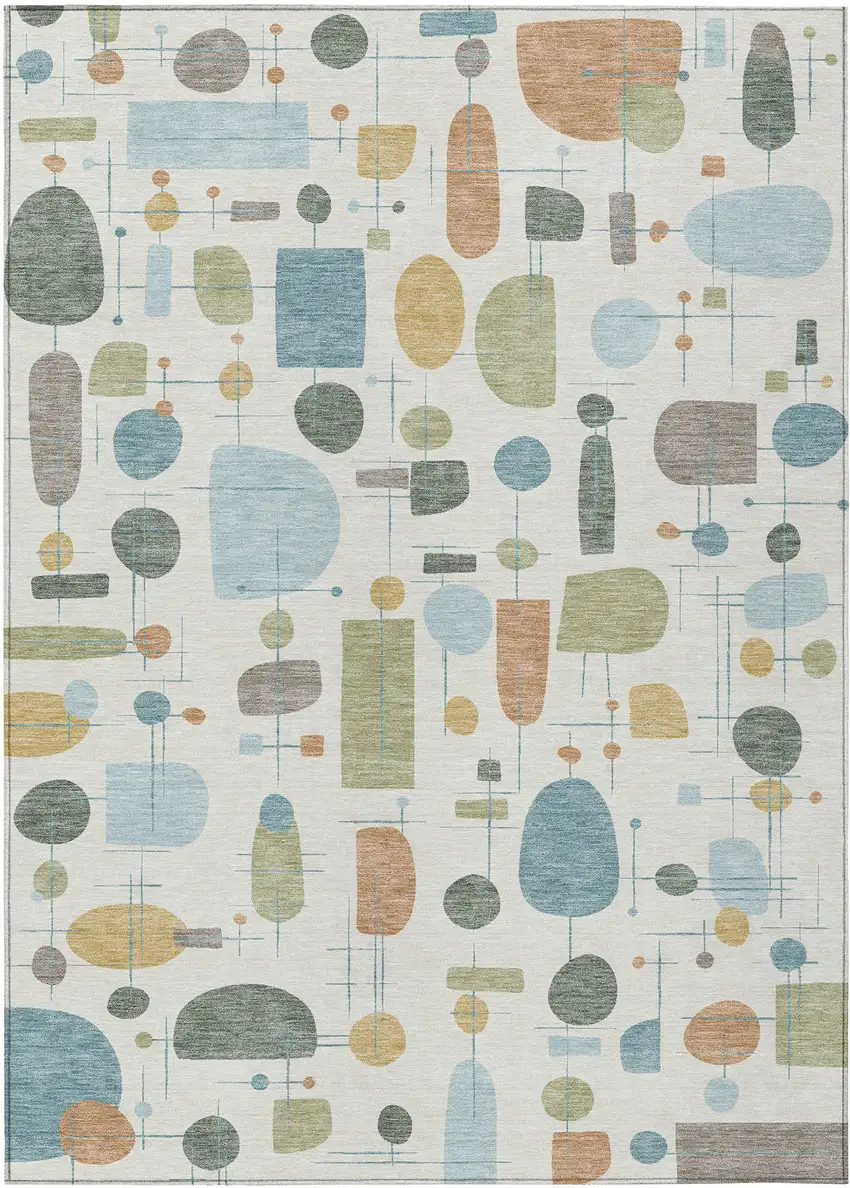 Ivory Blue And Green Geometric Washable Indoor Outdoor Area Rug Photo 1