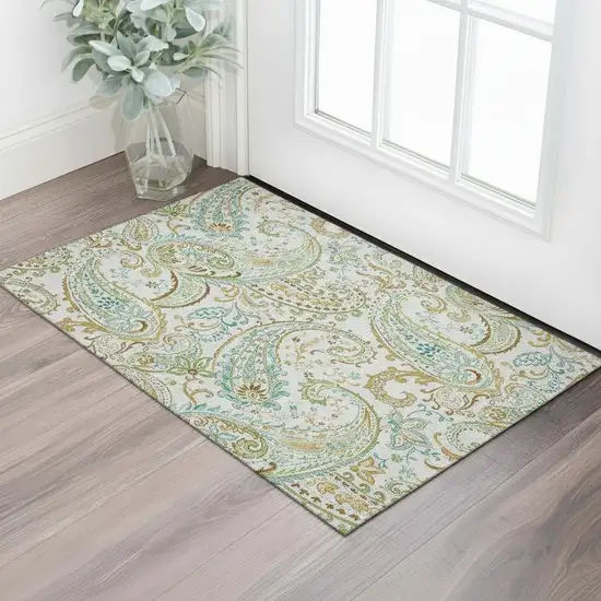 Ivory Blue And Green Paisley Washable Area Rug With UV Protection Photo 1