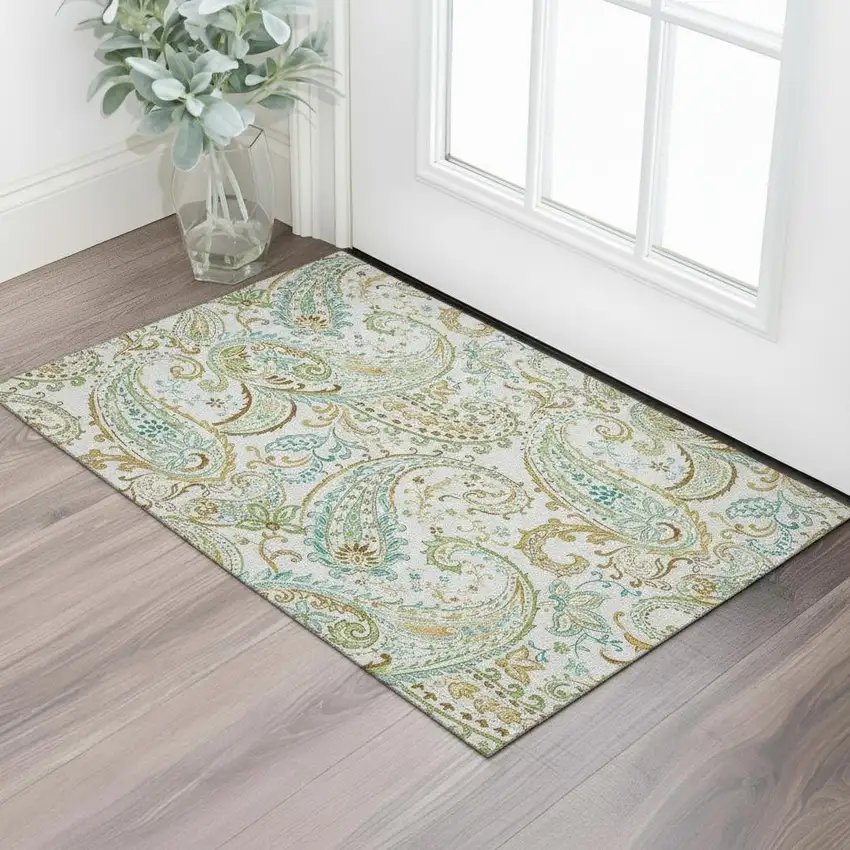 Ivory Blue And Green Paisley Washable Area Rug With UV Protection Photo 1