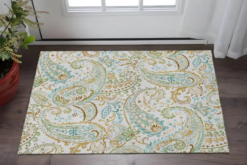 Ivory Blue And Green Paisley Washable Area Rug With UV Protection Photo 2