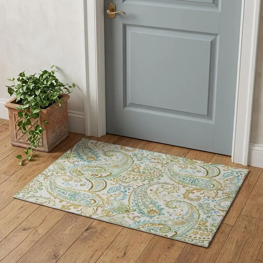 Ivory Blue And Green Paisley Washable Area Rug With UV Protection Photo 1