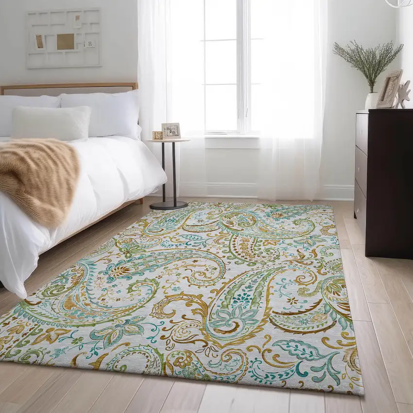 Ivory Blue And Green Paisley Washable Area Rug With UV Protection Photo 4