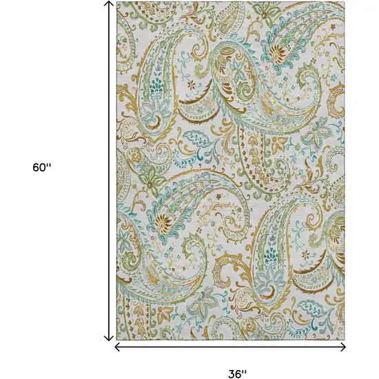Ivory Blue And Green Paisley Washable Area Rug With UV Protection Photo 3