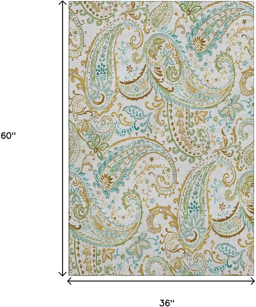 Ivory Blue And Green Paisley Washable Area Rug With UV Protection Photo 3