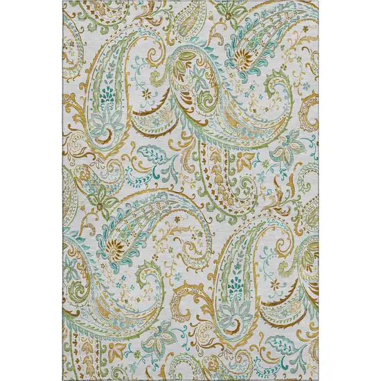 Ivory Blue And Green Paisley Washable Area Rug With UV Protection Photo 1