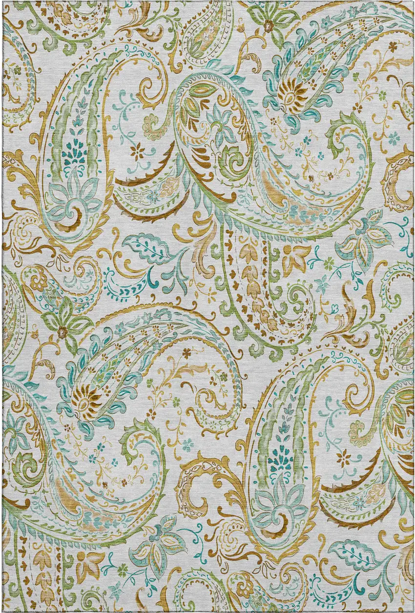 Ivory Blue And Green Paisley Washable Area Rug With UV Protection Photo 1