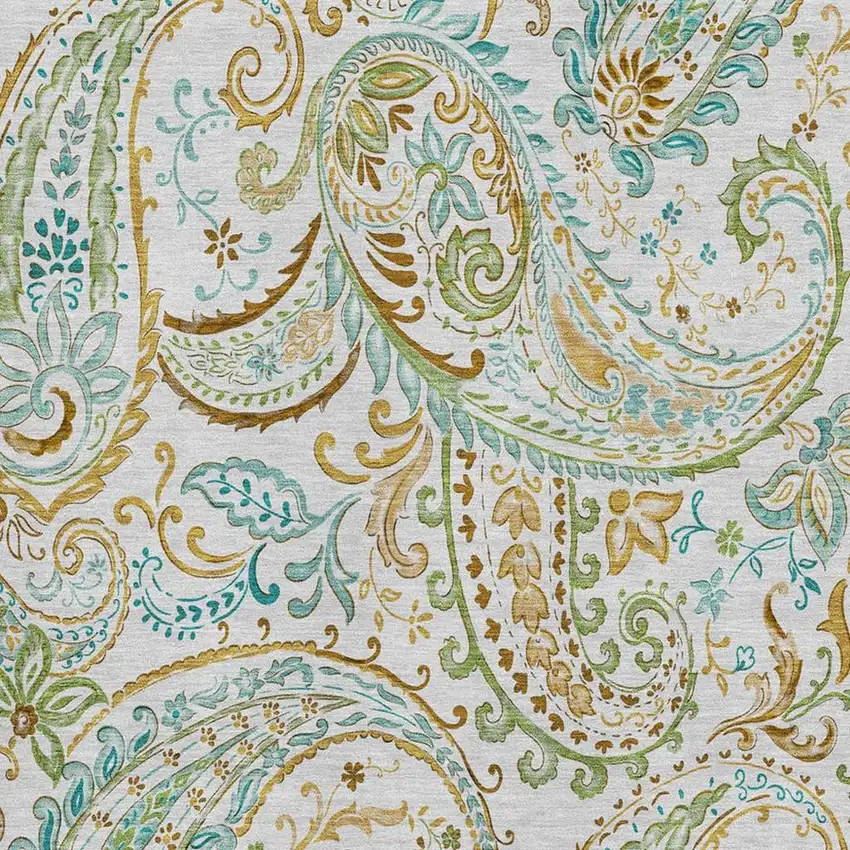Ivory Blue And Green Paisley Washable Area Rug With UV Protection Photo 3