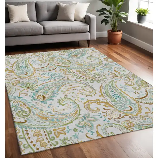 Ivory Blue And Green Paisley Washable Area Rug With UV Protection Photo 2