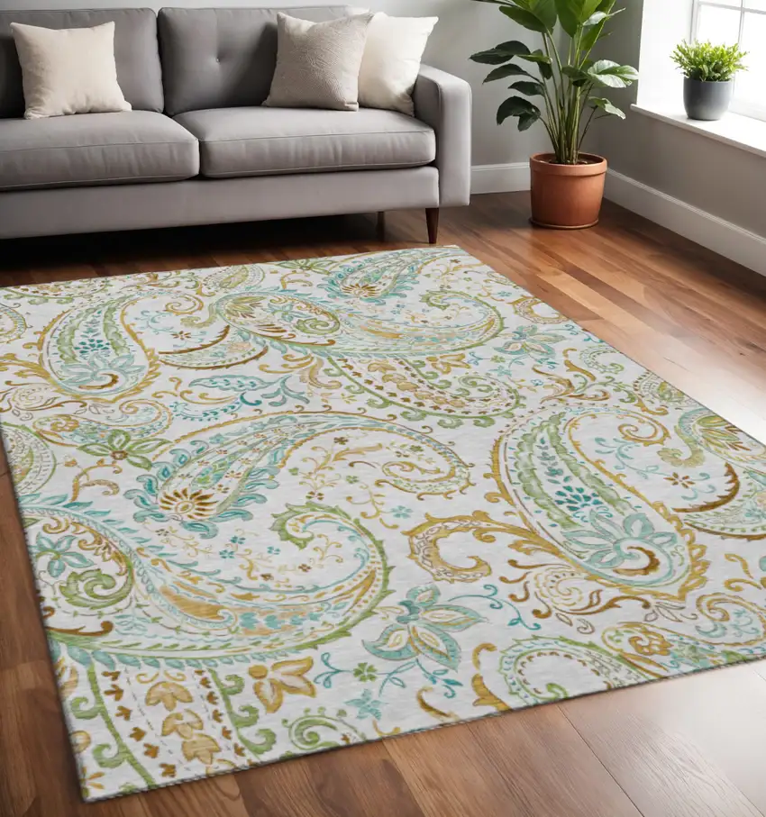 Ivory Blue And Green Paisley Washable Area Rug With UV Protection Photo 2