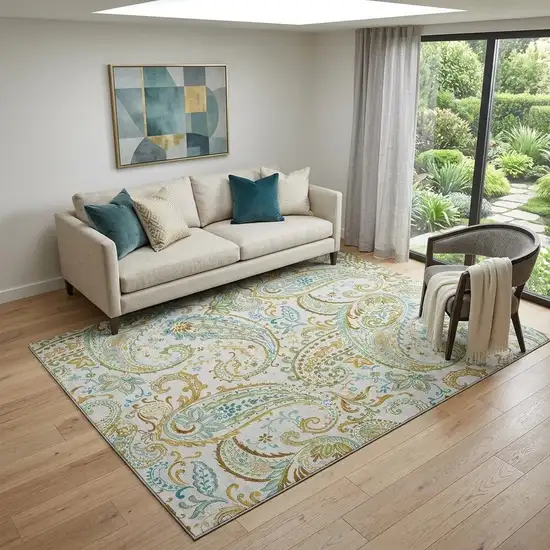 Ivory Blue And Green Paisley Distressed Washable Area Rug With UV Protection Photo 1