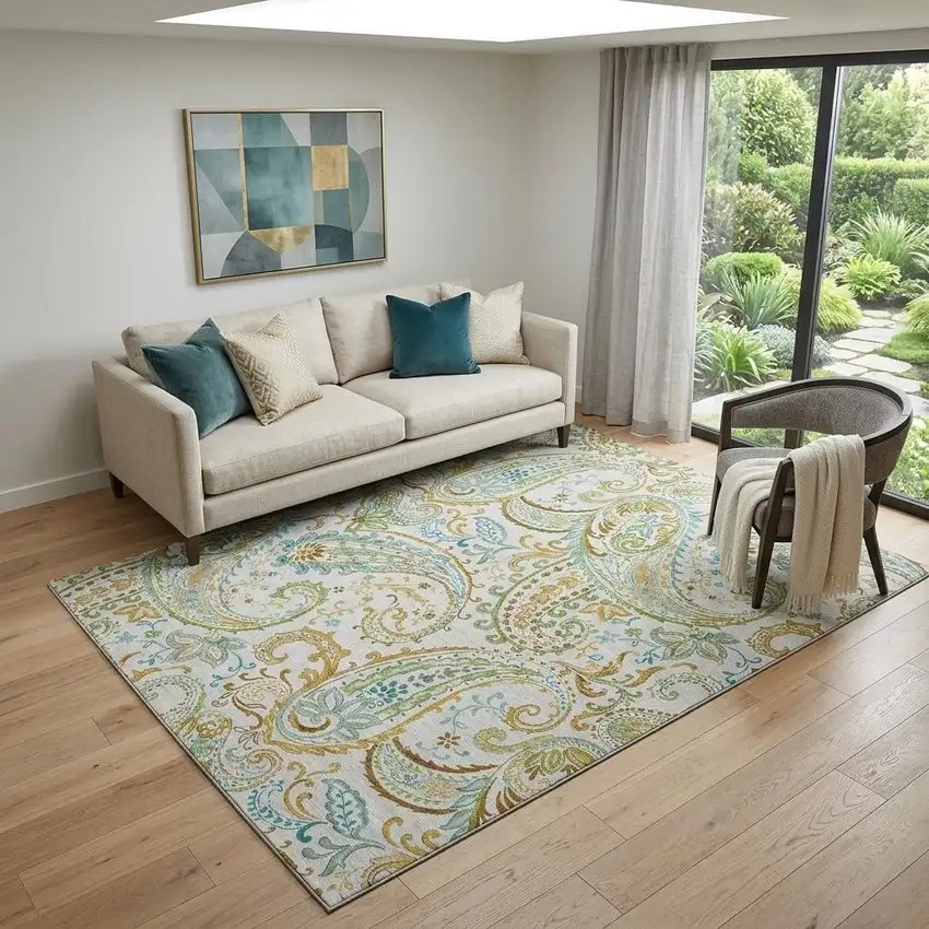 Ivory Blue And Green Paisley Distressed Washable Area Rug With UV Protection Photo 1