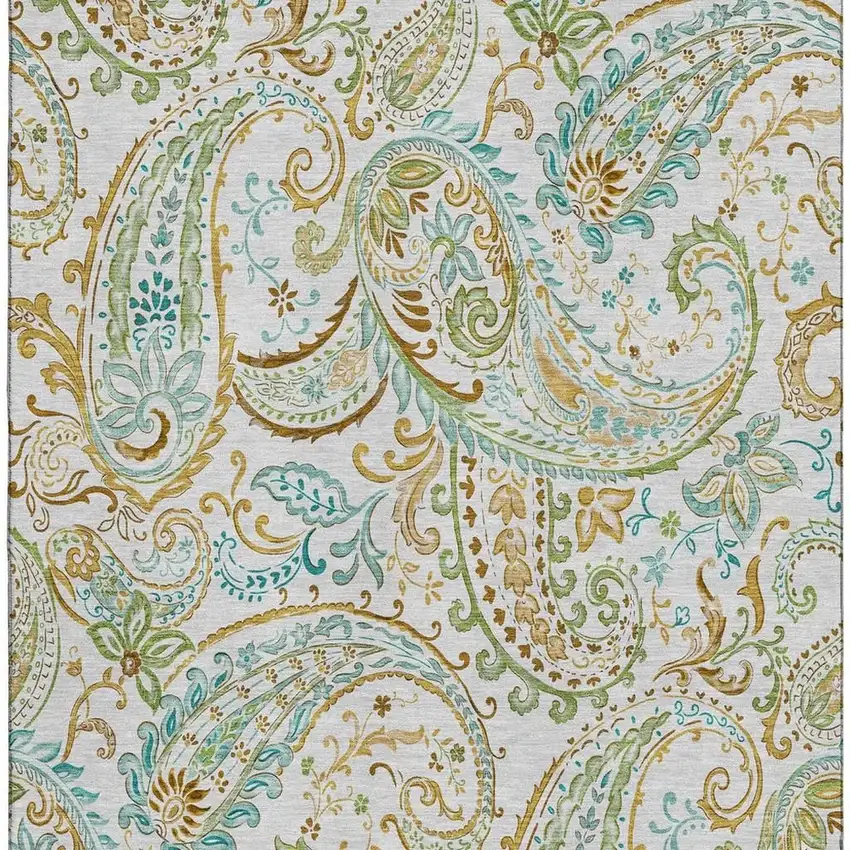 Ivory Blue And Green Paisley Washable Area Rug With UV Protection Photo 4