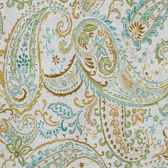 Ivory Blue And Green Paisley Washable Area Rug With UV Protection Photo 3