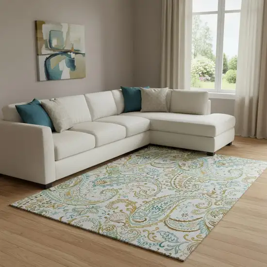 Ivory Blue And Green Paisley Washable Area Rug With UV Protection Photo 1